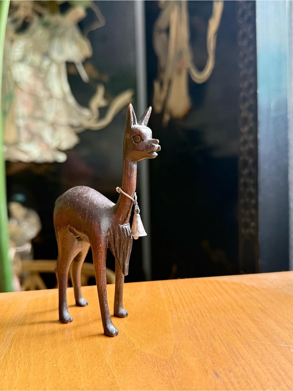 Rustic Brown Wooden Llama Sculpture with Decorative Bell - Home Art Accent